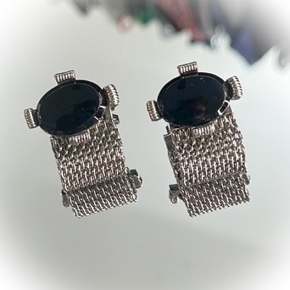 💕Beautiful Vintage Silvertone Mesh Cufflinks Black Onyx💕 - Picture 5 of 6